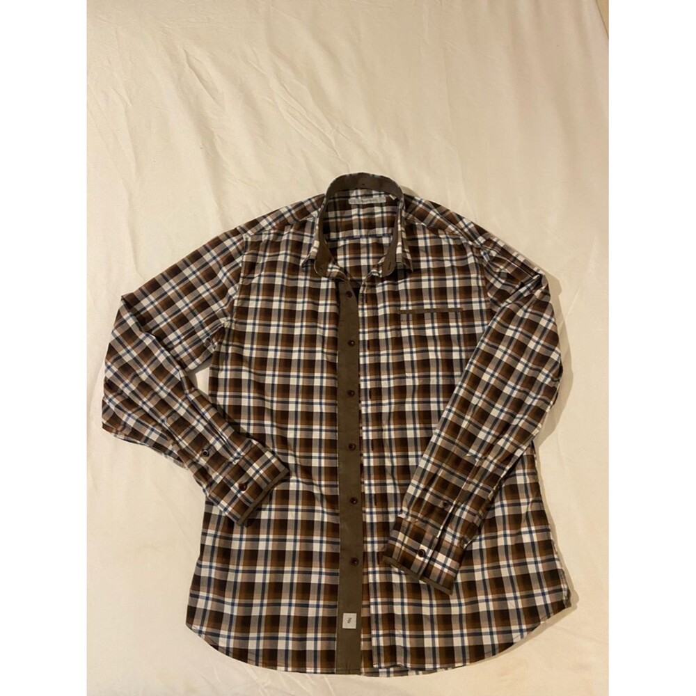 7 Diamonds Men’s Plaid Button Up Shirt L Brown Blue Suede Trim